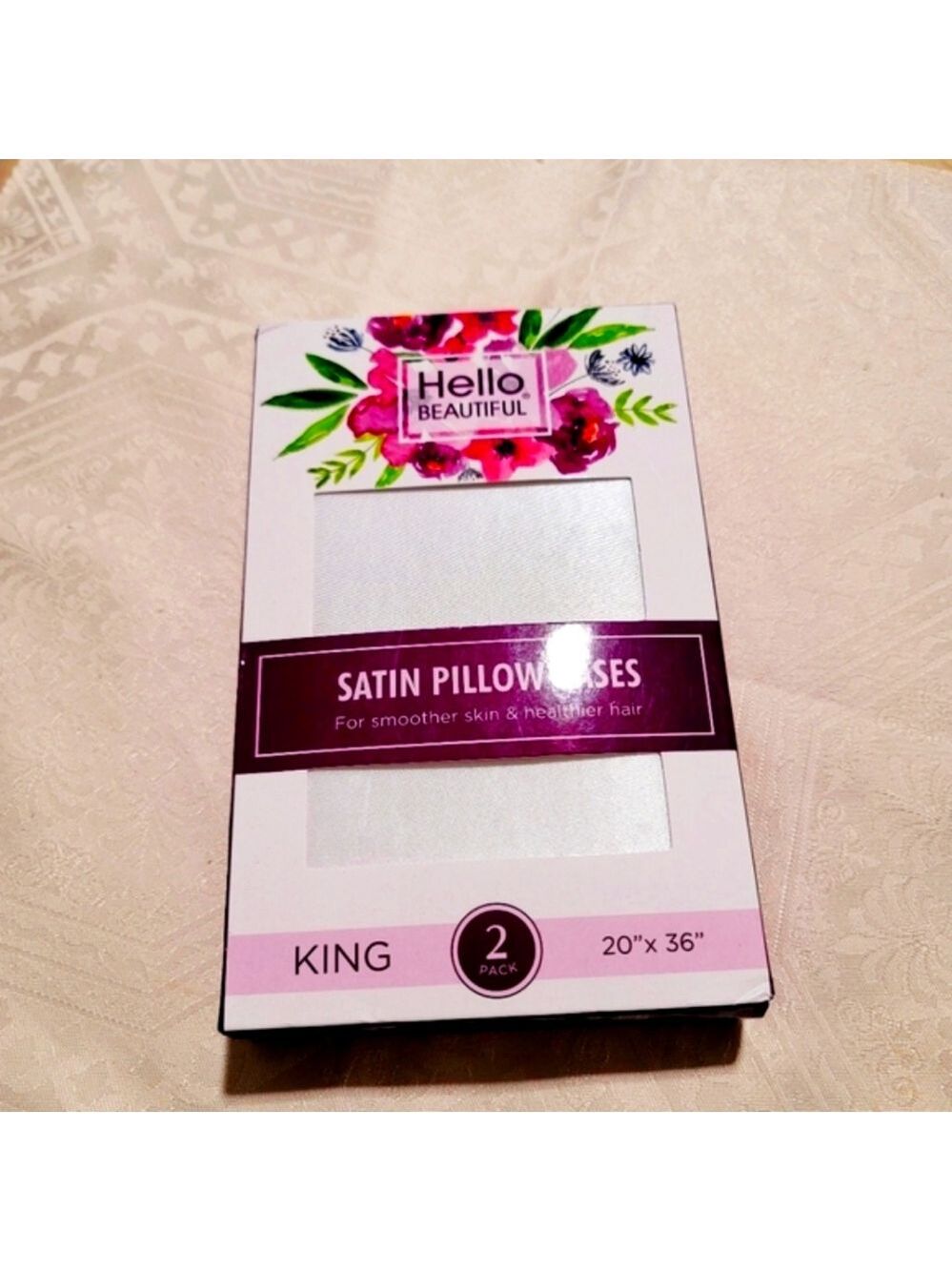 NEW! HELLO BEAUTIFUL Satin Pillow Cases in White - King Size (2 Pillow Cases)